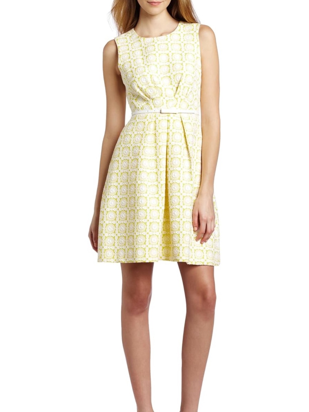 Trina Turk Yellow and White jacquard sleeveless dress